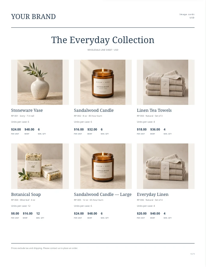 Image-card catalog preview showing six homeware products, SKUs, wholesale and retail prices, and minimum quantities