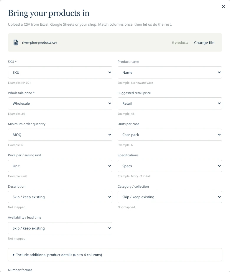 Import screen mapping SKU, product name, wholesale price, retail price, minimum order, case pack and selling unit to CSV columns