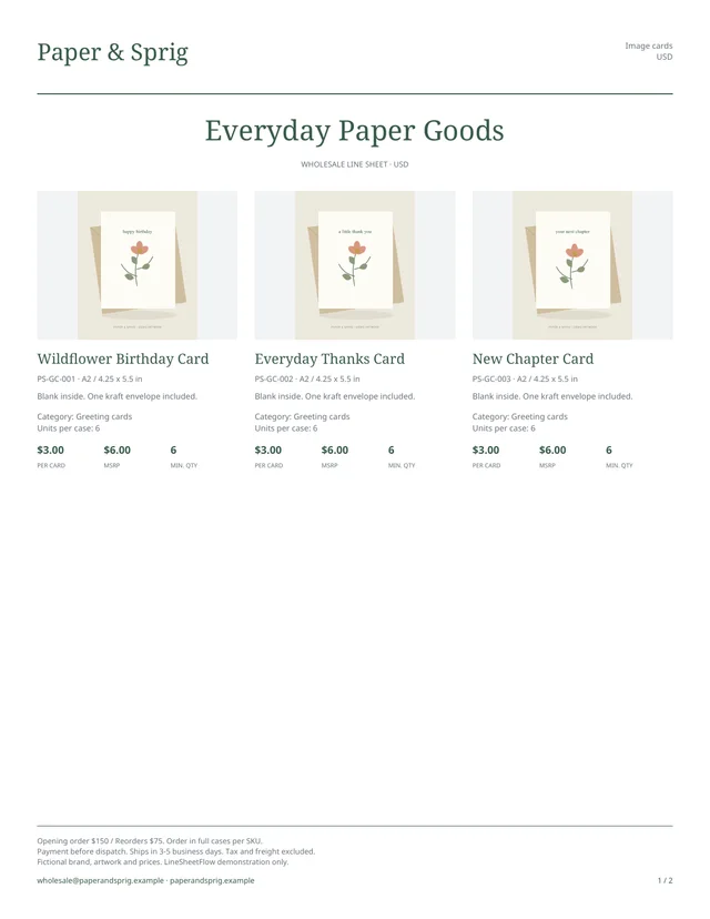 Paper & Sprig stationery line sheet showing greeting cards with product illustrations, SKUs, wholesale prices, MSRP and minimum quantities
